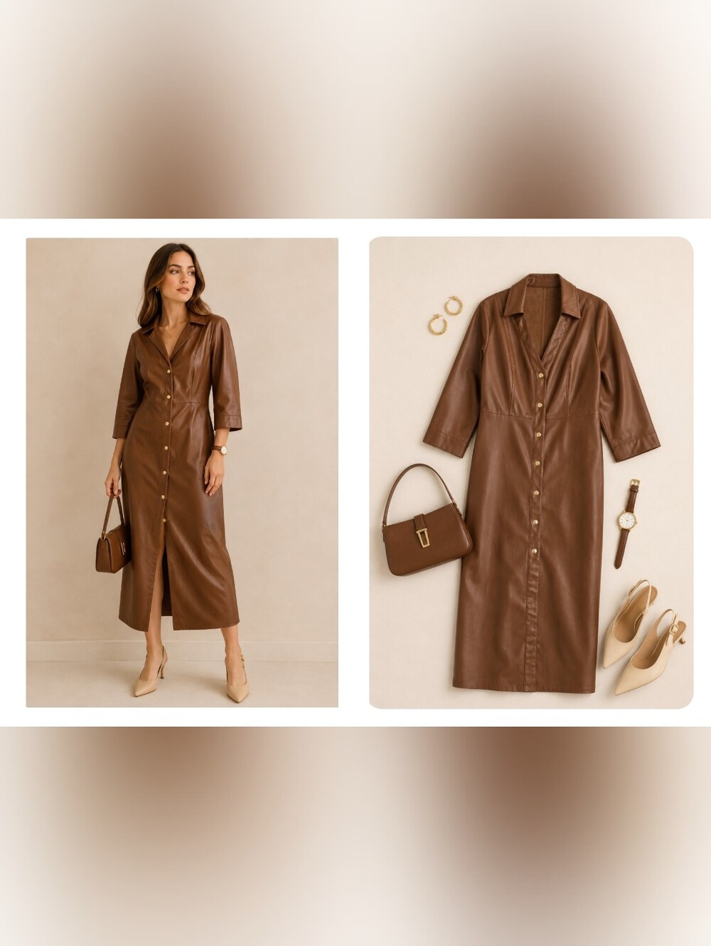🤎EUC Zara Brown Faux Leather Midi Dress with Belt, XS